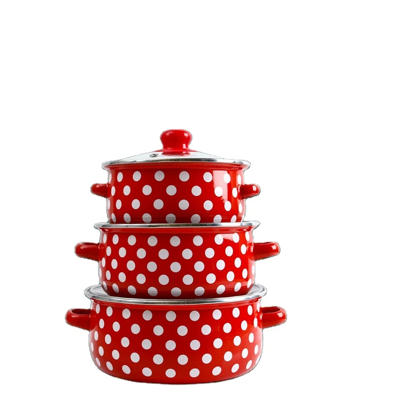 Enamel pot 3pcs set red with white dots soup pot for electric ceramic stove