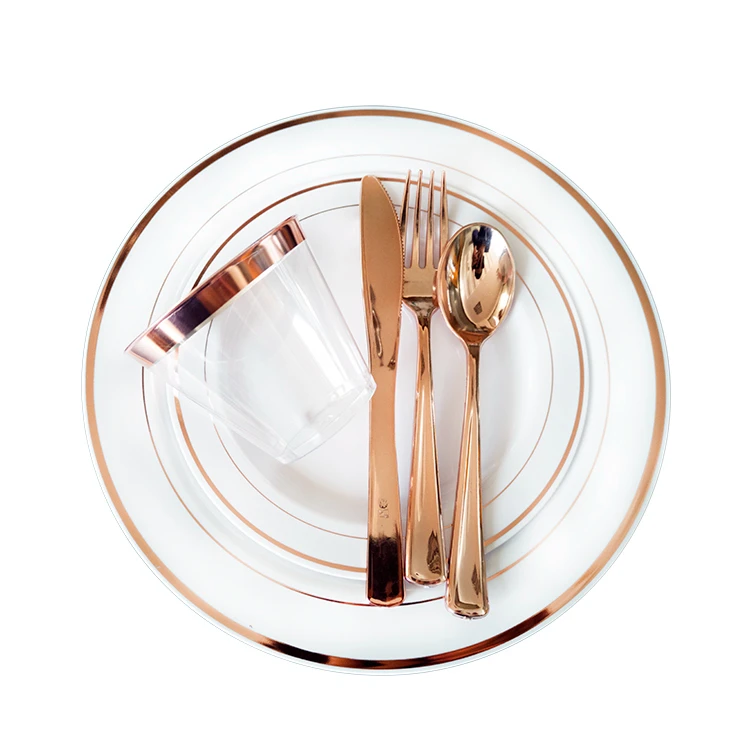 150pcs rose gold dinnerware set-25 Pack Rose Gold Rim Disposable Plastic Dinner Plates Sets for Wedding