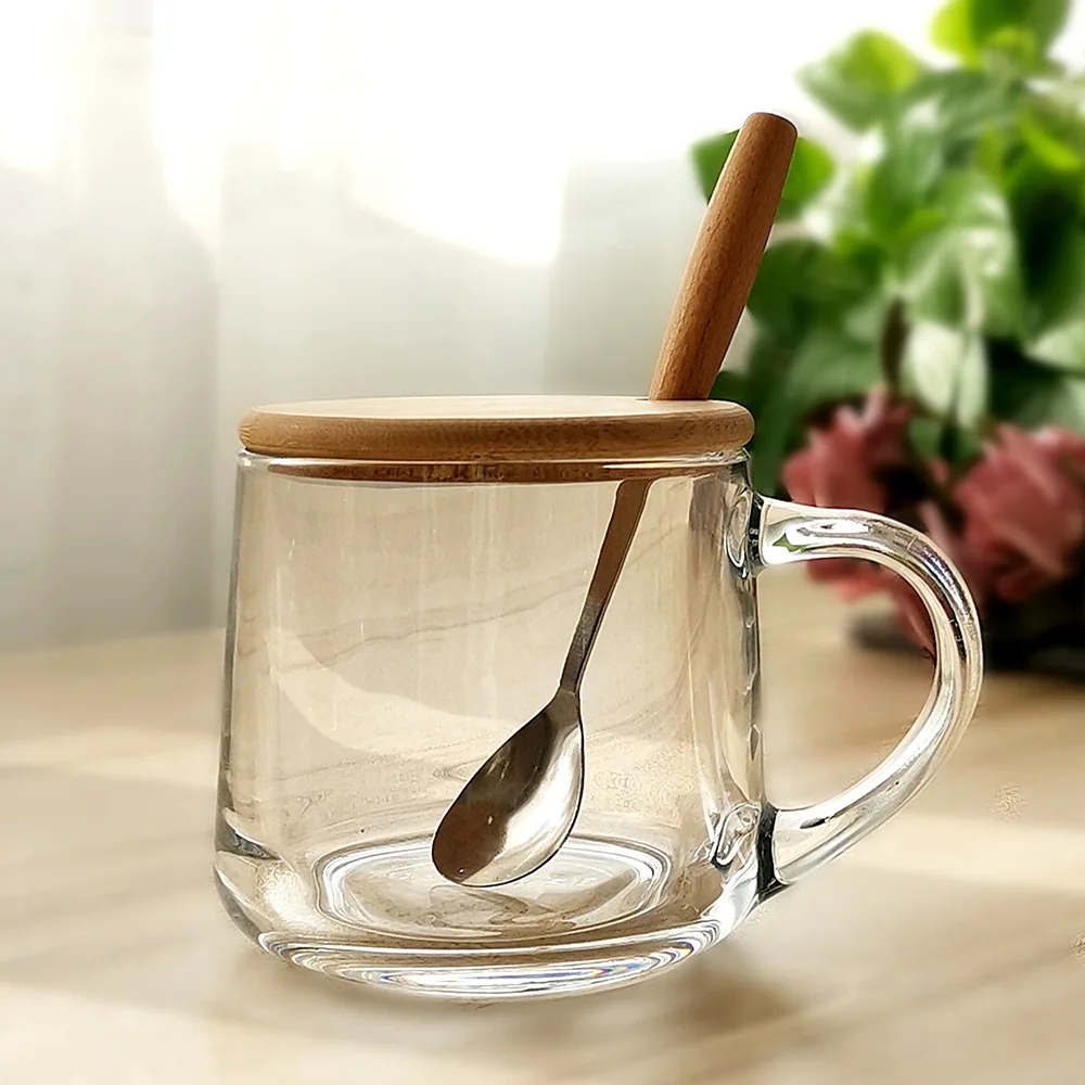 350ml Home use Glass Coffee Cup With Bamboo Wood Lid With Bamboo Wood Spoon Heat Resistant Glass Cup