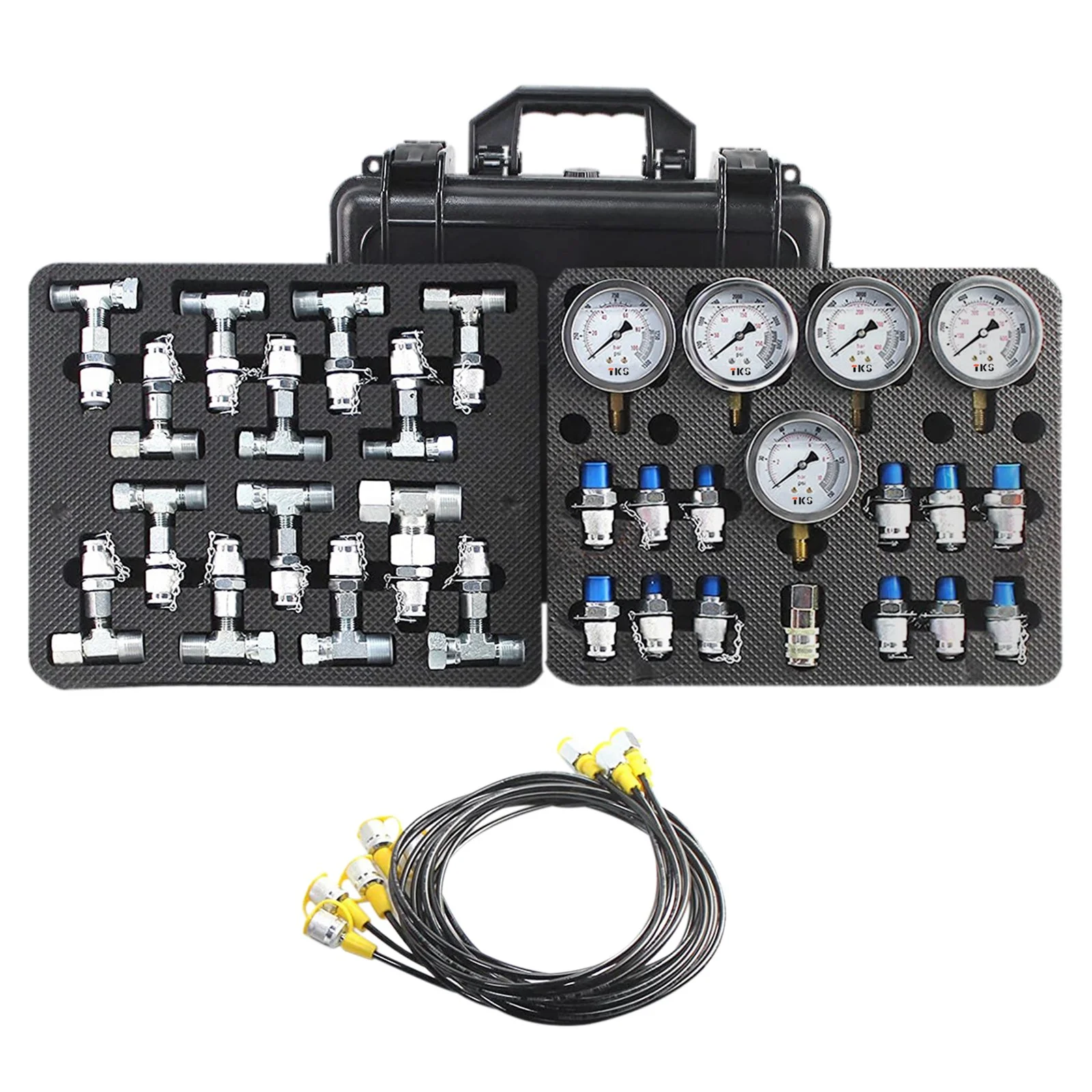 TKS Hydraulic Pressure Test Kit 5 Gauges for Excavators Pressure Gauge Set Diagnostic Tools Stainless Steel Case box