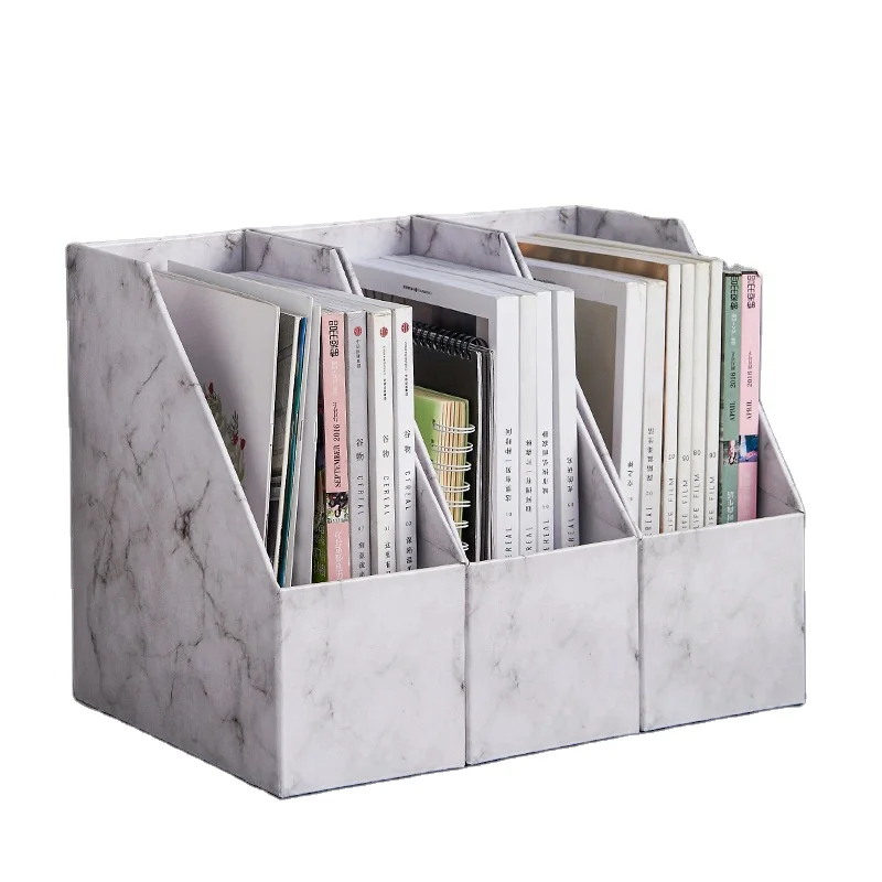 3 Units One Set Foldable Kraft Paper Desktop Paper Storage Box Marble Pattern Magazine Rack