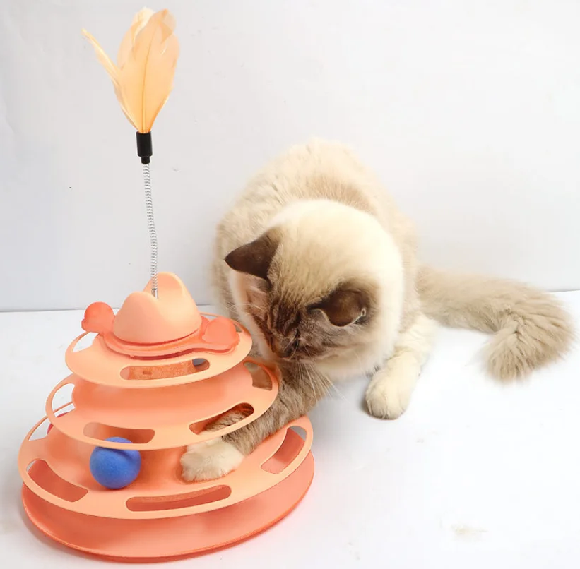 Funny Plastic Ball Track Cat Toy Roller 3-Level Turntable Cat Toys Balls Feather