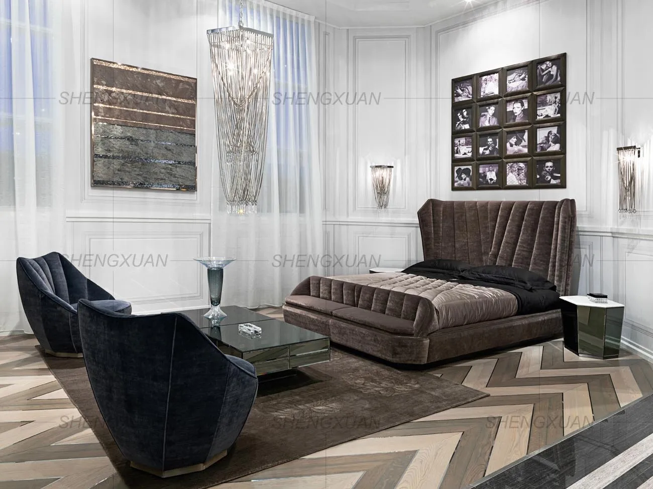 Master Bedroom Bed Room Set Queen Size Bedroom Furniture Modern Bed Design Upholstery Velvet Fabric Bed Frame