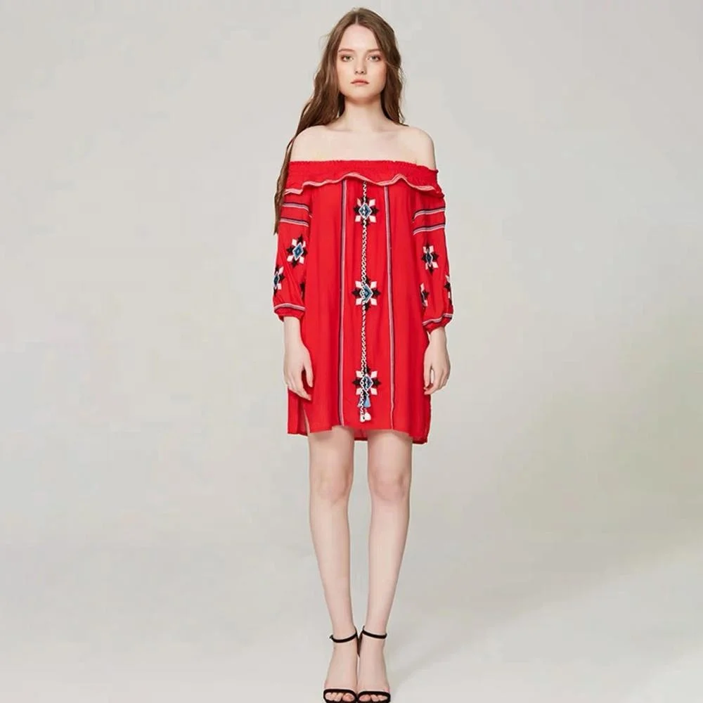 National Style Women Embroidered Casual Scoopneck Elastic Ruffles Collar Dress For Girls