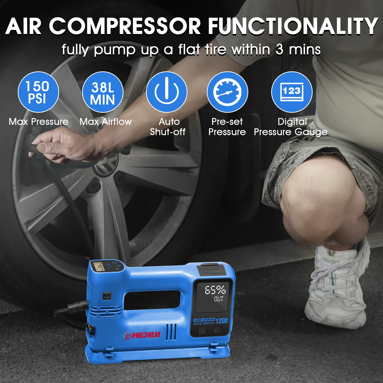 Hehui Electric Digital Battery Operated Air Pump Hand Powered Car Pump Air Compressor With Power Bank