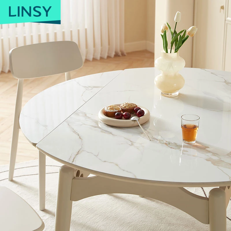 Linsy Folding Round Table Simple Household Extendable Stone Slab Wood Dining Table Set with 4/6 Chairs