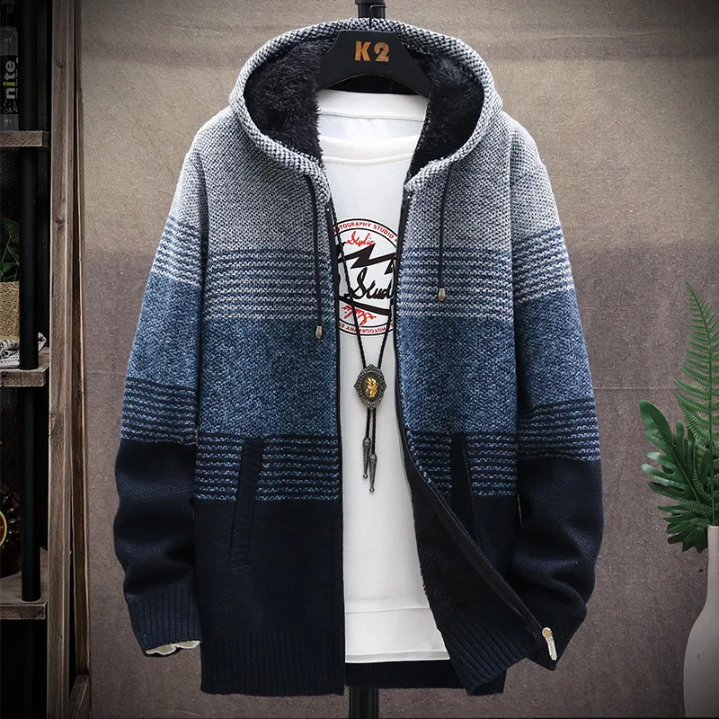 Sweater Coat Fashion Patchwork Cardigan Men Knitted Sweater Jacket Slim Fit Stand Collar Thick Warm Men Cardigan Coats