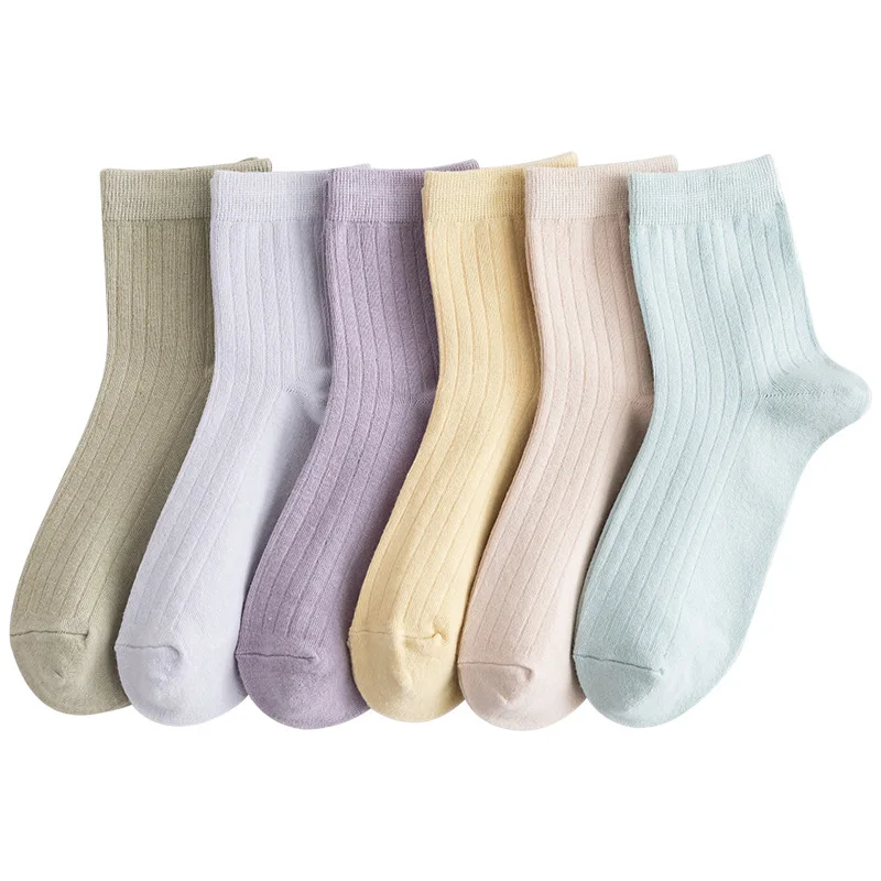 Spring And Autumn Wholesale Japan Style Ladies Cotton Solid Color Crew Middle Socks