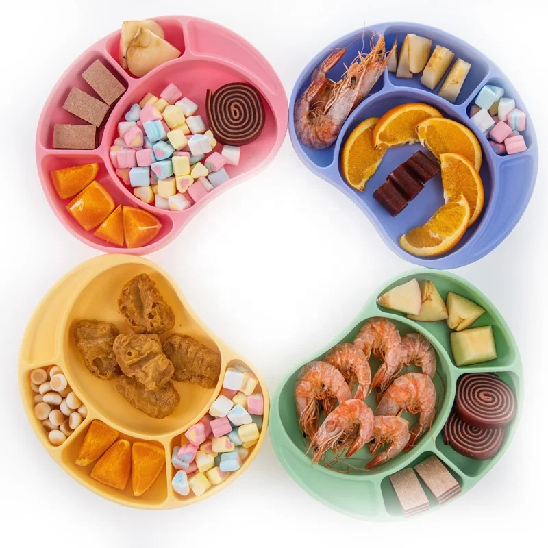  cheap custom eco friendly hot kids dining silicone baby suction divided plates for dishwasher and microwave