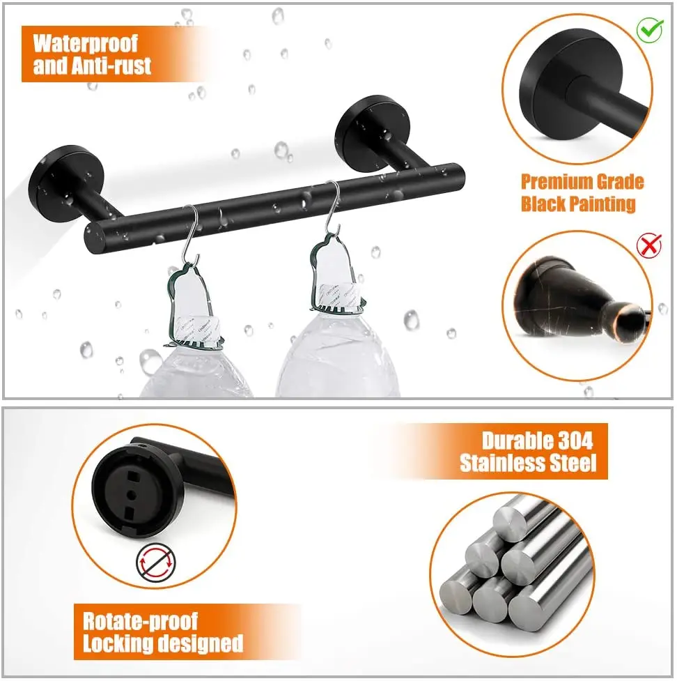 LANDOO 5 Pieces Bathroom Stainless Steel  Brushed Black Wall Mount Bathroom Accessories Set