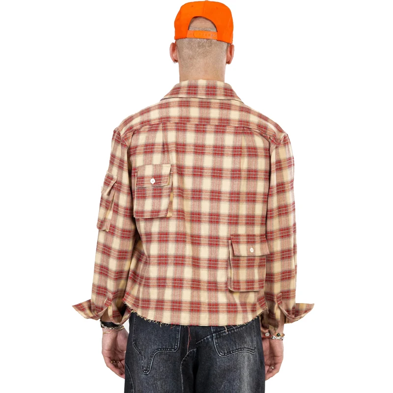 OEM custom slightly cropped multi cargo pockets plaid soft cotton flannel fashion shirts men