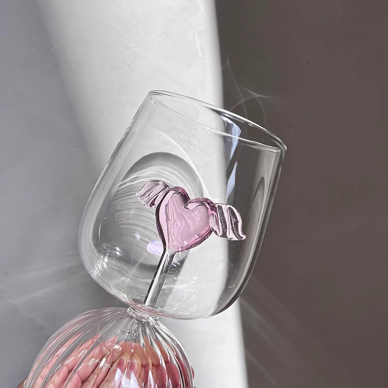 3D Pink Winged Heart Nordic Ripple Base Wine Glasses Creative Glass Goblet Cup Lovely Glassware Gift for Girl Lover