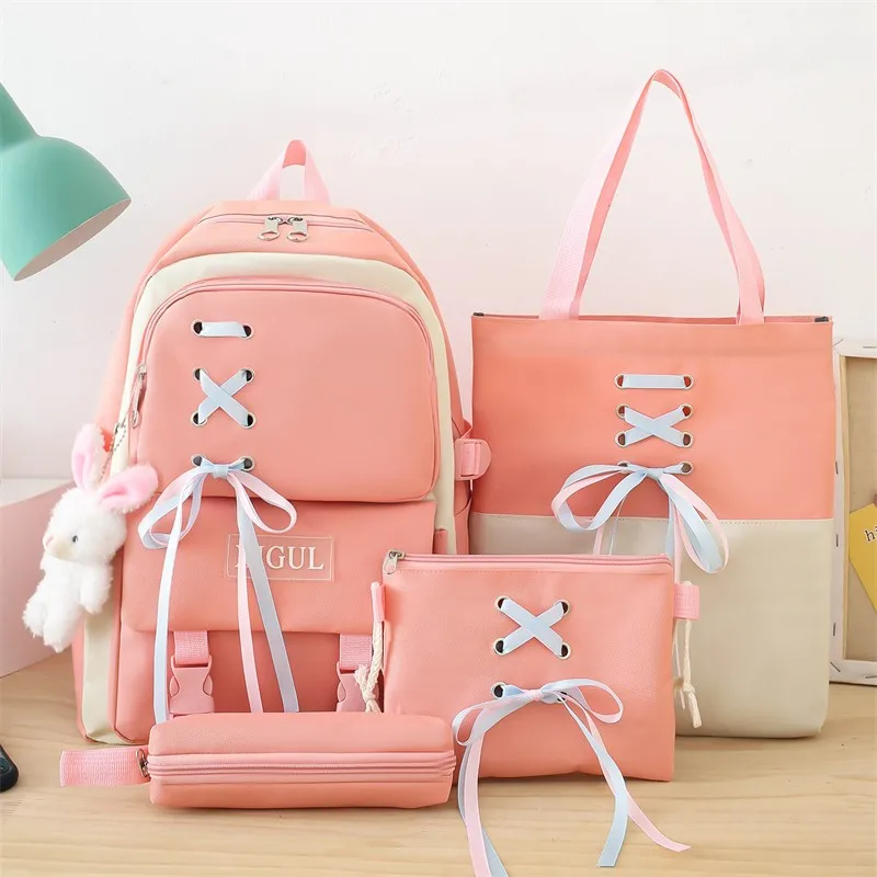 High Quality Fashion Canvas Japanese Style School Backpack Set 4 Pcs Bag Set Backpack Popular Pink Schoolbag For Girls