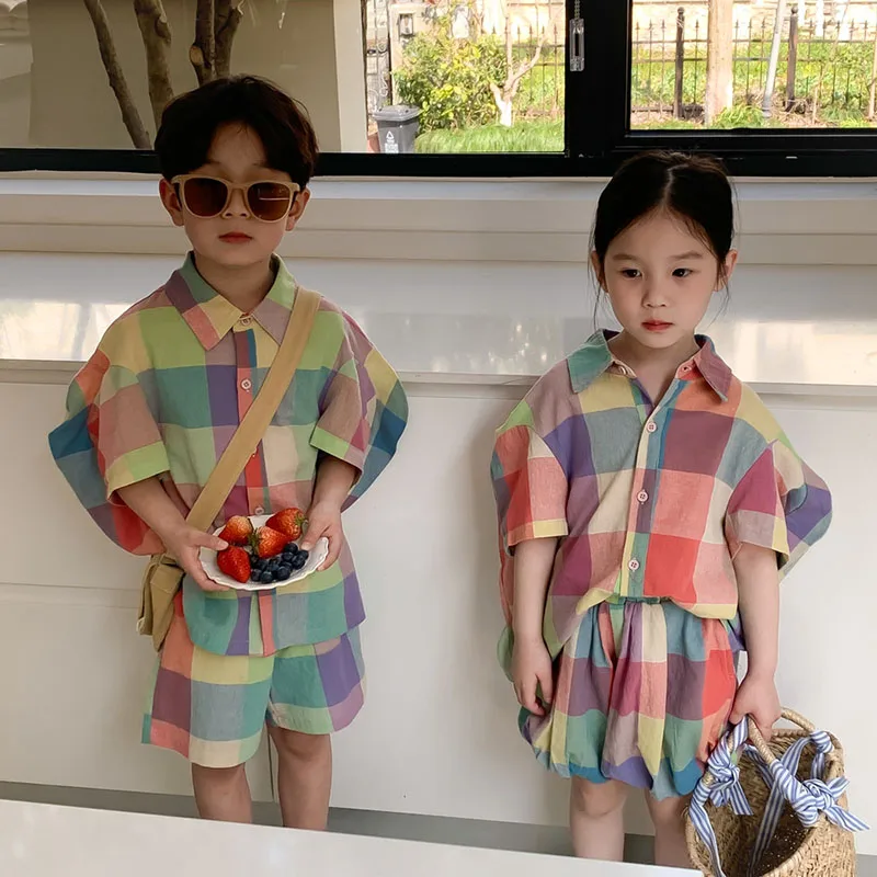 Summer Kids Clothing Set Plaid Tee And Shorts Girl Clothes Suit Brother And Sister Clothing