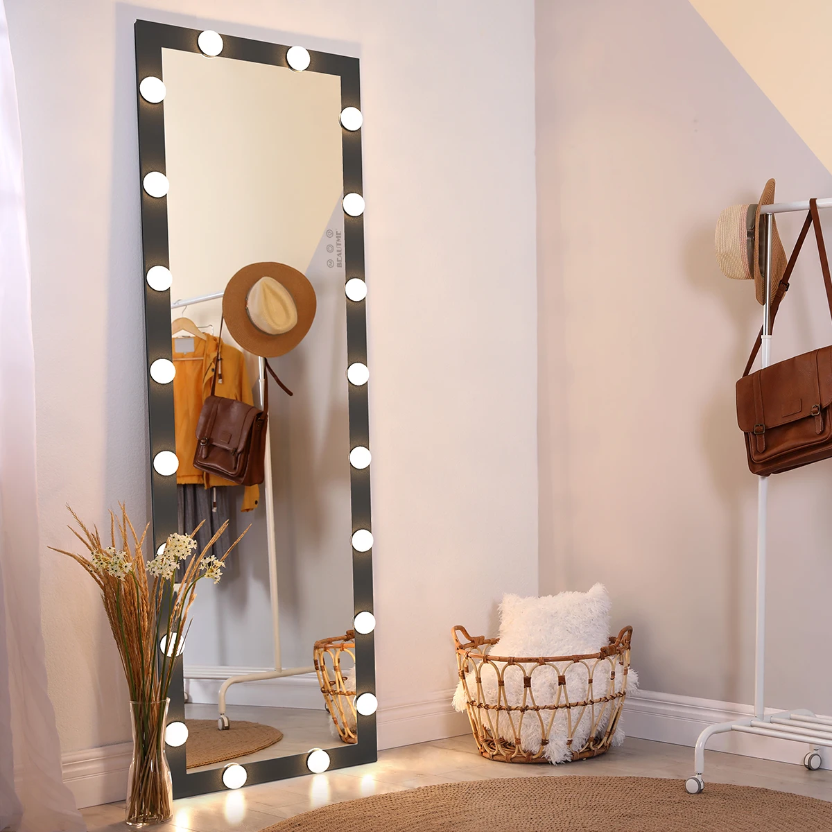 Full Length Vanity Mirror LED light bulbs Large Long Wall  Full Length Mirror Leaner Floor Hanging Dress Black/Silver