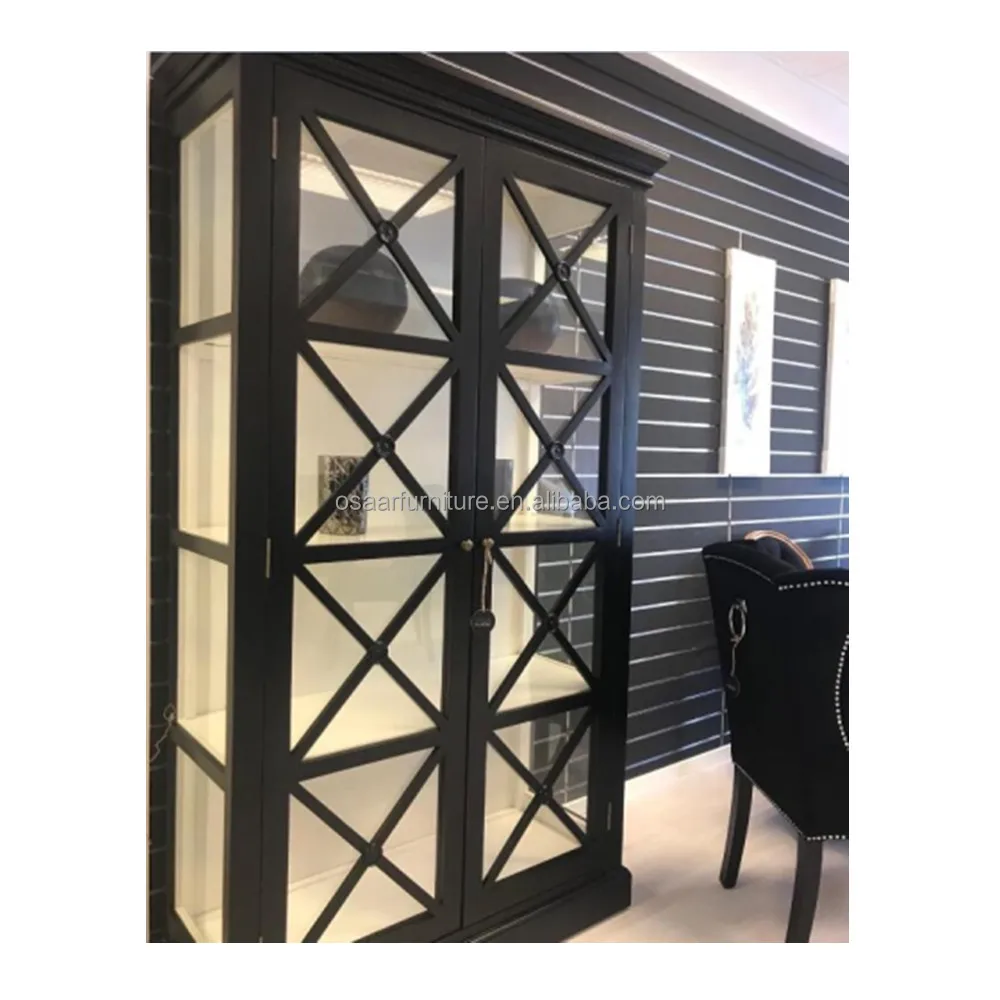 Antique Hand Carving Black Wooden Storage French Style Display Cabinet with Glass Door