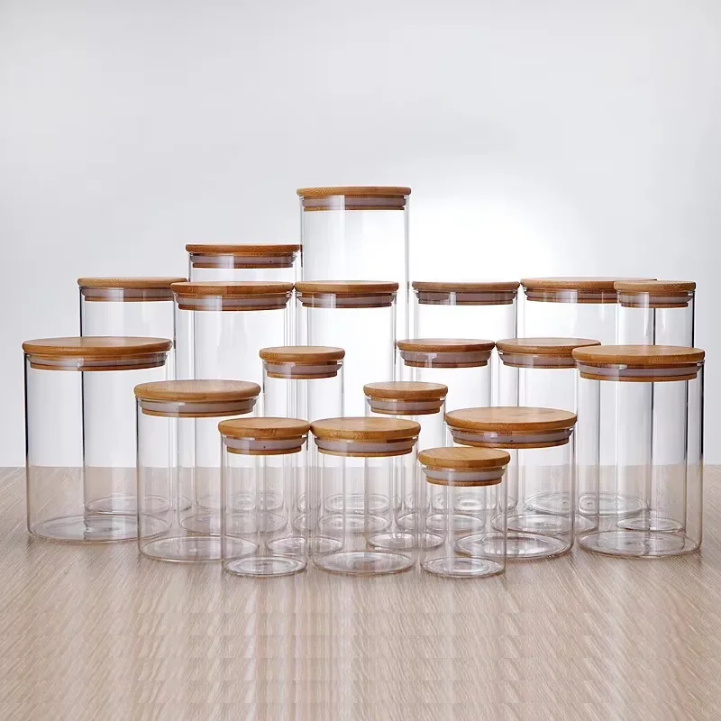 Borosilicate Glass Storage Jar With Bamboo Lid For Tube Shaped Glass Storage Jar For Glass Spice Jar With Wooden Lid