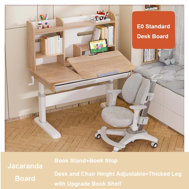 Wood Kids Desk and Chair Set Height Adjustable and Tilt Desktop, Study Desk with Bookshelf, Book Stand and Bookstop