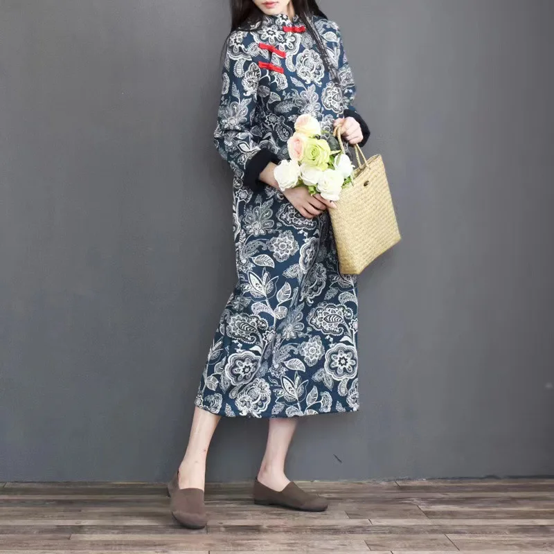 Custom Chinese Casual Autumn Winter Loose A-Line Stand Neck Long Sleeve Maxi Linen Cotton Flower Print Dress Woman With Buttons