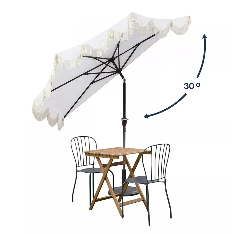 High quality premium folding half patio umbrella 5 ribs steel frame fringed garden market umbrella with crank