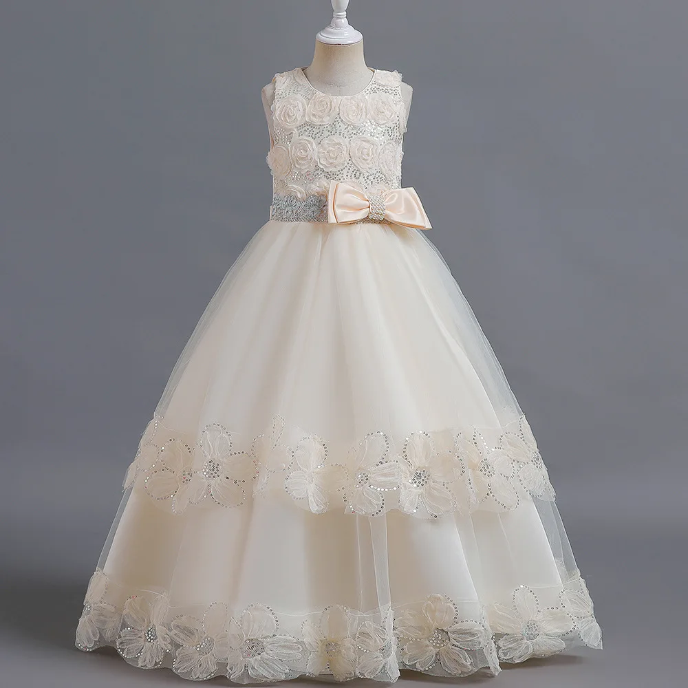 LZH Kids Bridesmaid Princess Dress Teens Children Birthday Party Tulle Flower Girls Wedding Pageant Long Gown