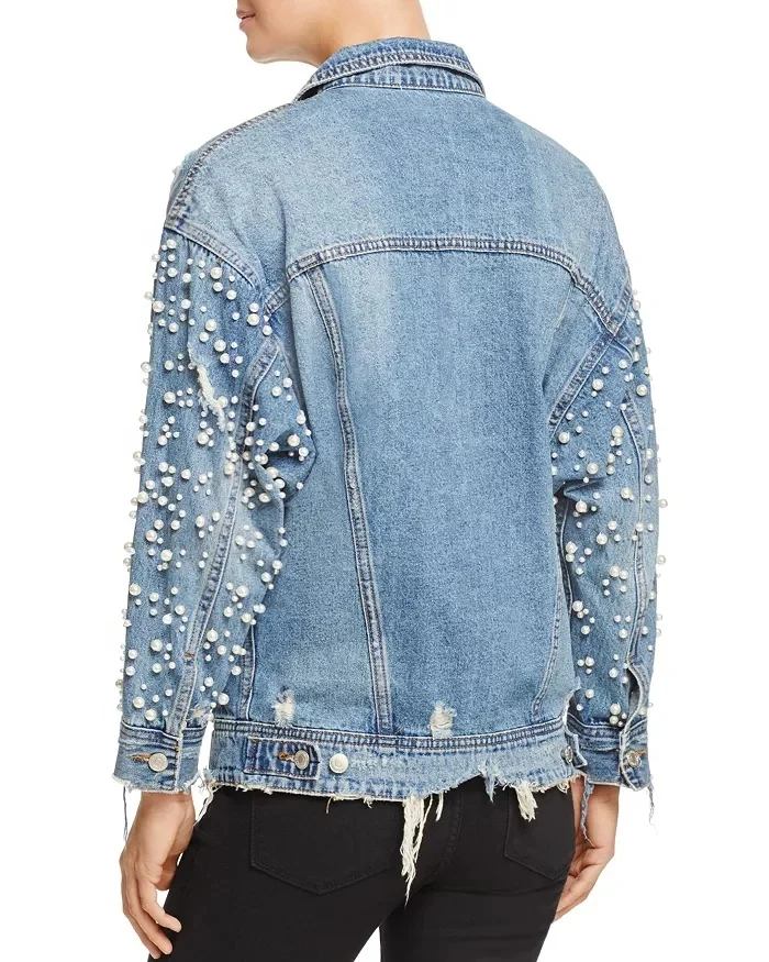 Gradient Pearl Embellishments Denim Jacket Plus Size Long Casual Breathable Anti-shrink OEM Service YARN DYED Eco-friendly Plaid