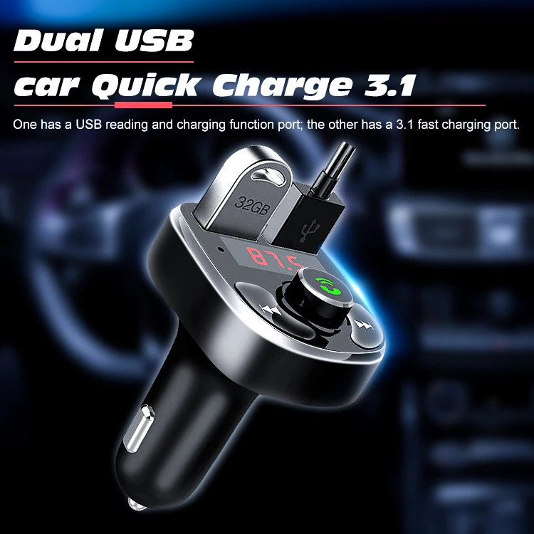 Bt Car Hands-free Wireless Fm Transmitter Qc Charger Dual Equipped Usb Player Car Radio Mp3 Player 2 USB Port, 1&3.1 3 Year