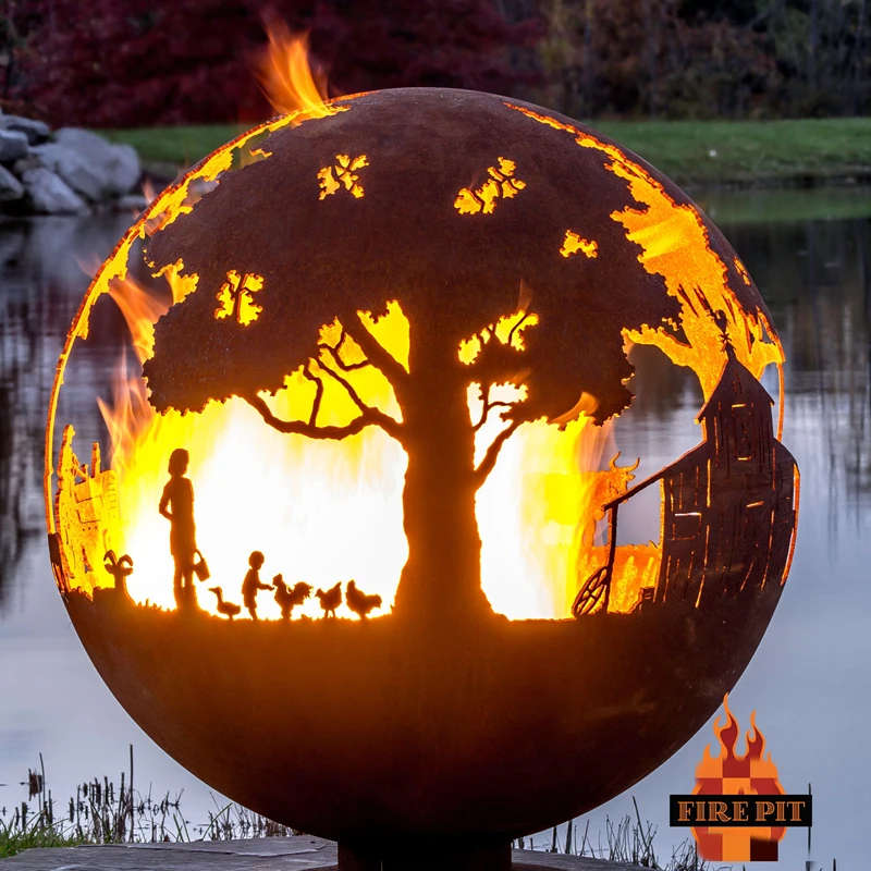 Outdoor Weathering Steel Fire Pit Garden Spherical Metal Fire Pit Garden Products