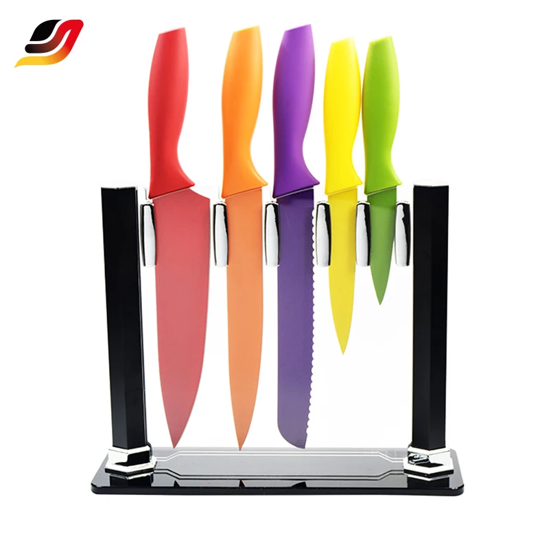Wholesale New design 6 pcs chef knife food grade colorful non-stick colorful fruit knife set with acrylic stand