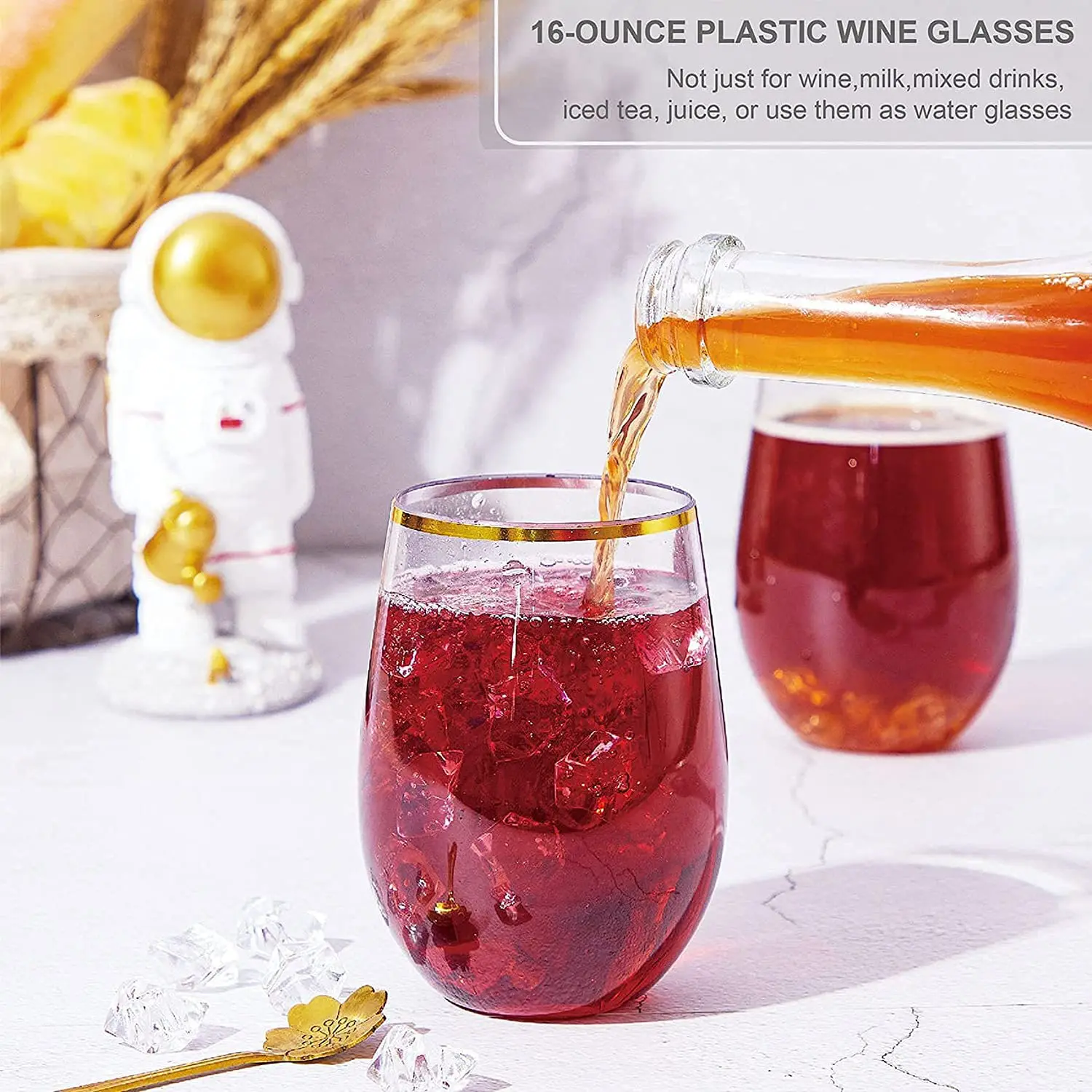 Wholesale 16 Oz Plastic Stemless Wine Glass with Gold Rim Disposable Cocktail Cups Glass Shatterproof Juice Whisky Drinking Cup