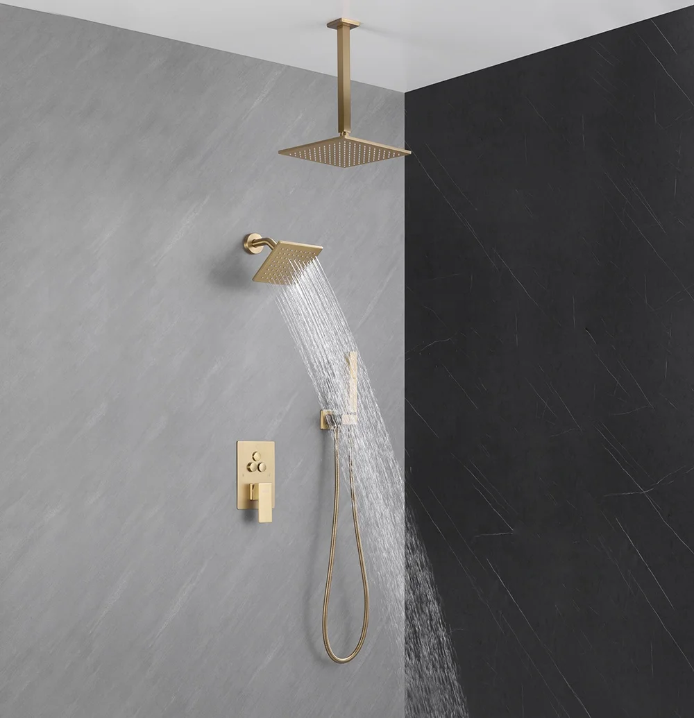 High Pressure Shower Booster Water SavingCopper  brushed gold concealed ceiling mounted shower set  and hander shower