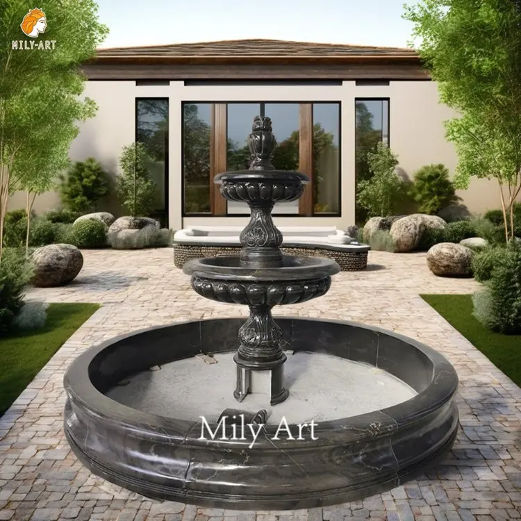 Hand Carved Natural Black Marble Stone Water Fountain for Outdoor Decoration