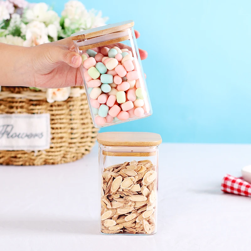 Glass Storage Canister with Wooden Lid Set of 7 Square Glass Jars with Bamboo Lids, Glass Food Storage Containers for Pasta