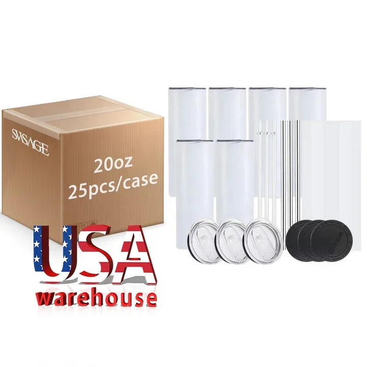 Usa Us Wholesale White 20oz Straight Slim Cup With Straw And Rubber Bottom Skinny Sublimation Blanks Stainless Steel Tumbler