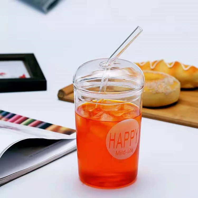 Clear Glass Cup With Drinking Straw Heat Resistant High Borosilicate
