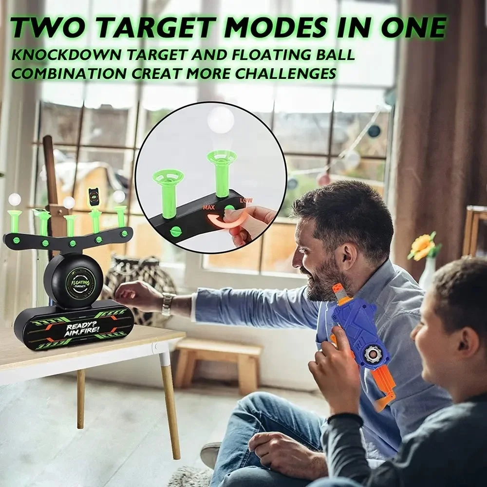2 in 1 luminous air hover target shooting game set with 2 electric soft bullet guns toy for child floating ball shot in the dark
