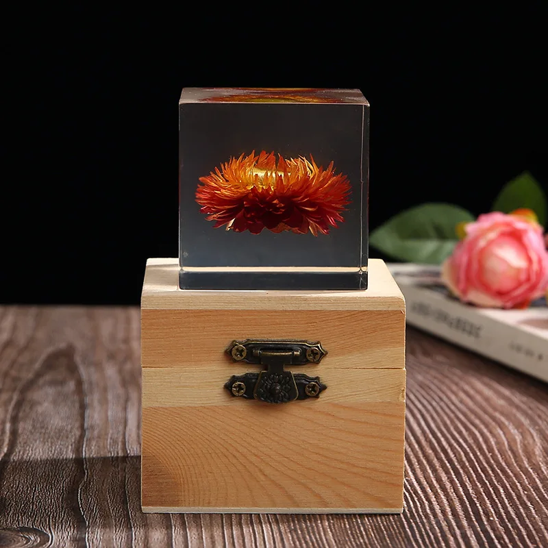 Resin Cube Daisy Crystal Ornaments Colorful Chrysanthemum Sunflower Amaranth Dandelion Resin Crystal Block