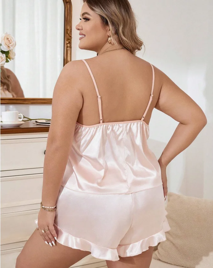 Plus Size Satin Cami Top & Ruffle Hem Shorts Pj Set Silk Women Pajama Sets Custom Luxury Pajamas
