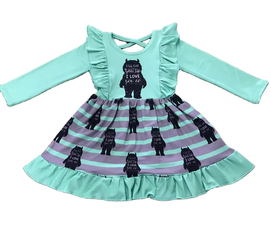 2022 New style boutique  girl green long sleeve dress autumn winter cartoon  printed boutique girls dress