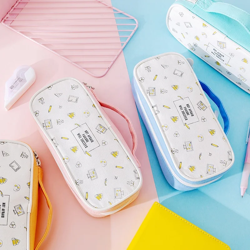 New coming wide handle easy to carry office stationery set kids school canvas fabric pencil case