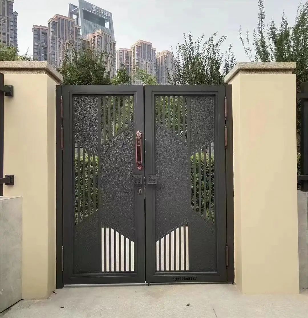 Exterior entrance metal aluminium alloy fence and gates design outdoor automatic aluminum profile slat double swing entry gate