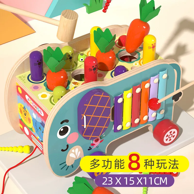 8 in 1 Elephant Wooden Hammering Pounding Toy Whack A Mole Game with Xylophone Montessori Toys for Toddlers Activities Gift
