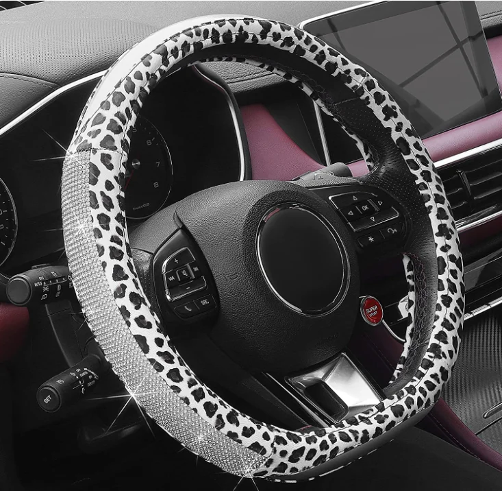 D Shape Diamond Steering Wheel Cover with Bling Rhinestones Leopard Pattern Leather Universal Fit 15 Inch Car Wheel