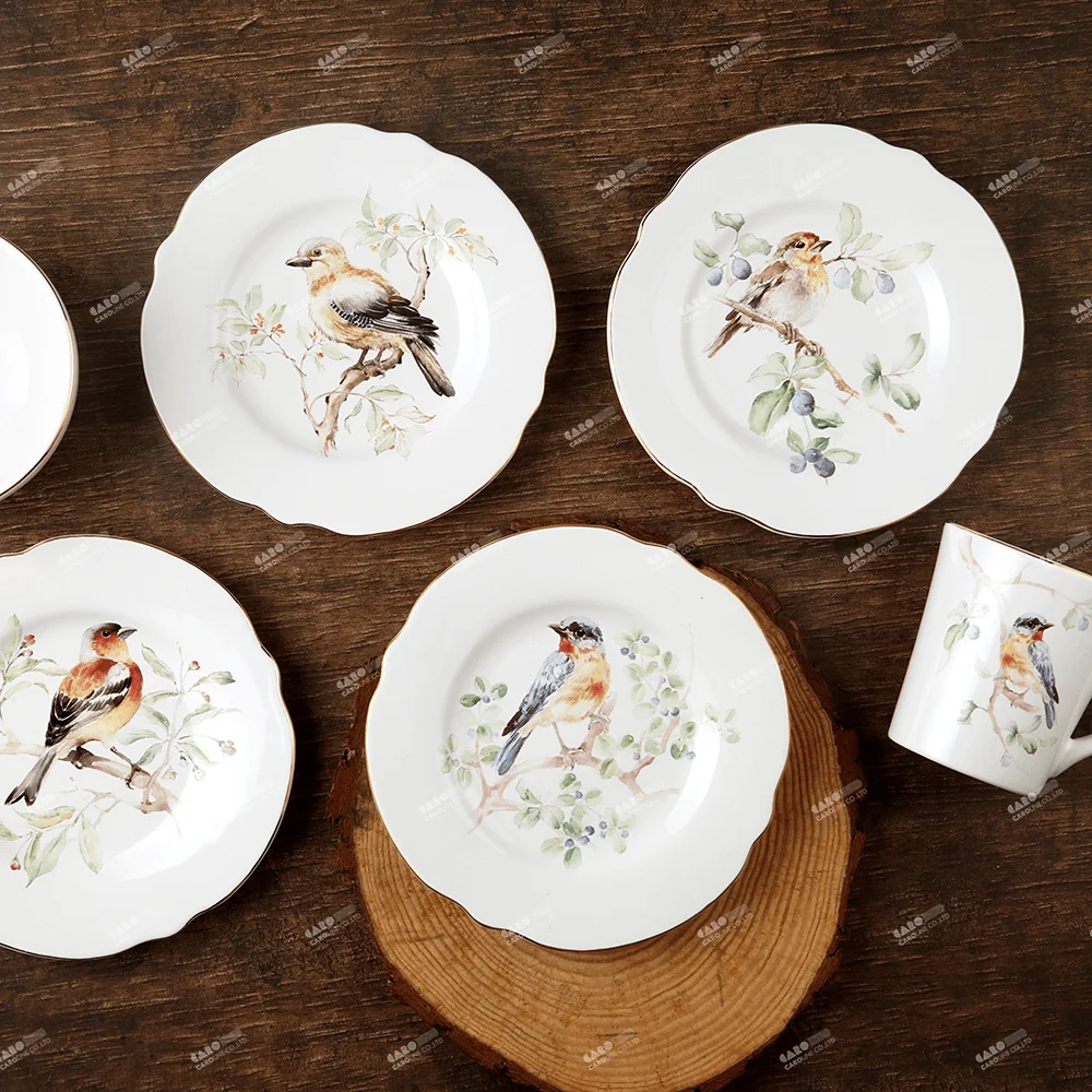 Caroline Design Ceramic Bird Pattern Dolomite Stoneware Plate Set for Dinner