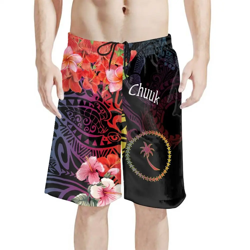 Men Basketball Shorts Print On Demand 2023 Men Sweat Shorts Polynesian Tribal Hibiscus CHUUK Flag Design Beach Shorts For Men