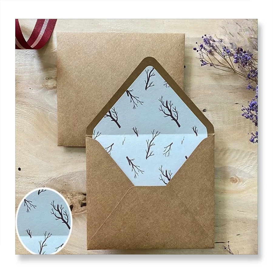 Custom Vintage Beige Small Fresh Herbal Cowhide Texture Envelope Thick Kraft Paper with Wind Sen Grass Colored Plain Liner