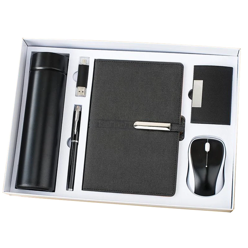 A5 Notebook+Sign Pen+Vacuum Flask+USB Flash Drive+Name Card Holder +Mouse Office Stationery Gift Set