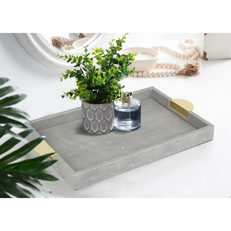 Luxury shagreen leather with mdf and semicircular gold handles decorative tray for coffee table