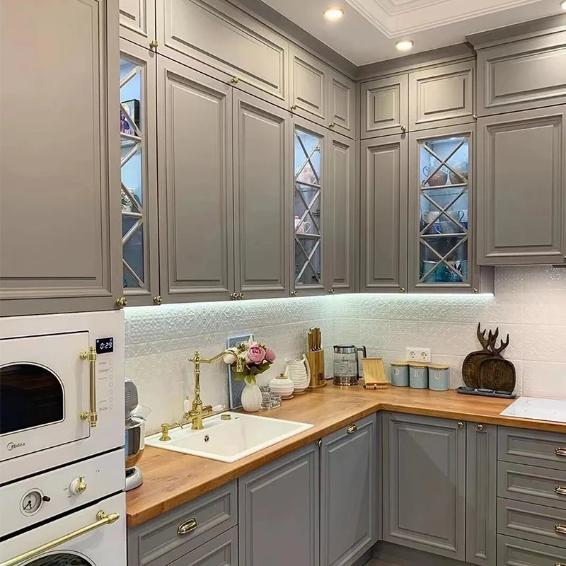 Solid Wood Glossy Shaker Door Pantry Kitchen Cabinets With Round Long Handles Ready To Assemble