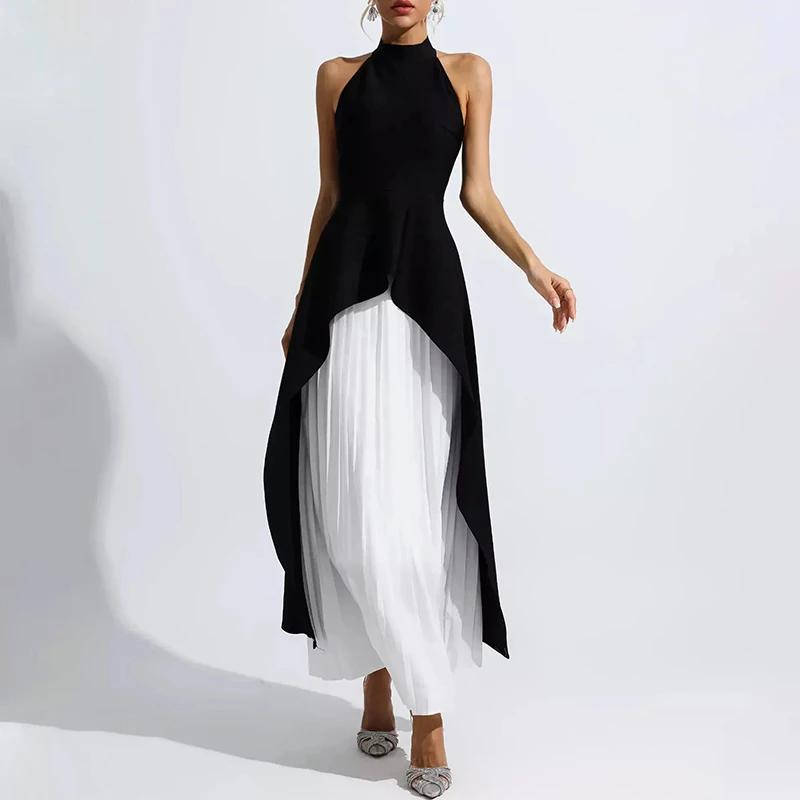 Custom trendy sleeveless halter black and white maxi party dress backless pleated dresses for women